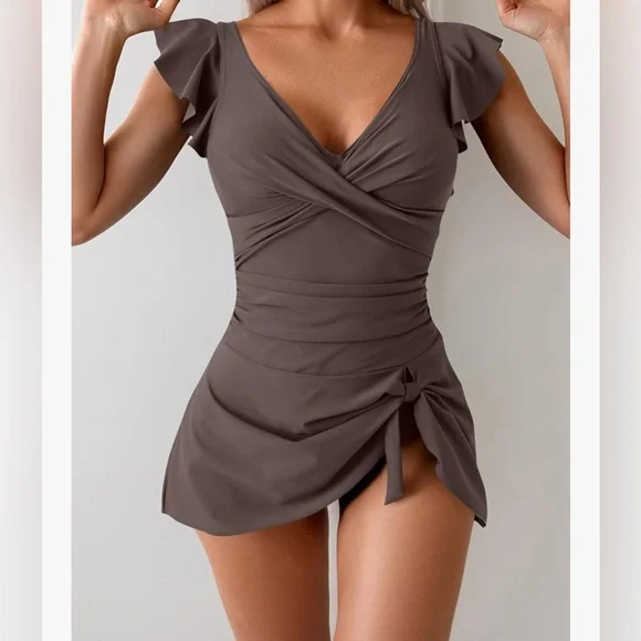 Brown Wrap-Style Swimdress with Flutter Sleeves - Picture 1 of 2